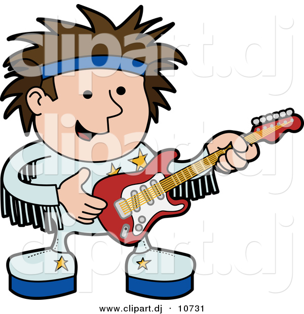 Vector Clipart of a Happy Cartoon Rock Star Boy Playing an Electric Guitar