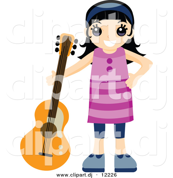 Vector Clipart of a Happy Girl Standing Beside Her Guitar - Cartoon Styled Design