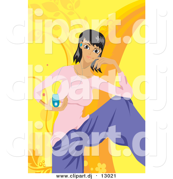 Vector Clipart of a Happy Girl Wearing Headphones with Music Player