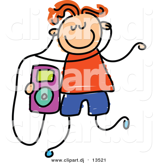 Vector Clipart of a Happy Red Haired Caucasian Boy Listening to an Ipod