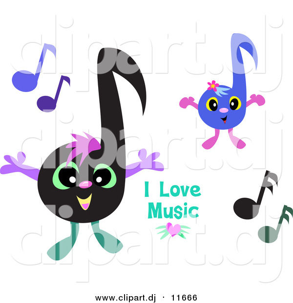 Vector Clipart of a I Love Music Greeting with Happy Notes