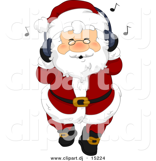 Vector Clipart of a Jolly Cartoon Santa Claus Listing to Christmas Music with His Headphones