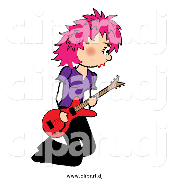 Vector Clipart of a Kneeling Pink Haired Female Guitarist Musician