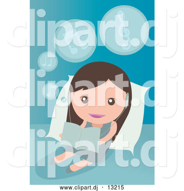 Vector Clipart of a Little Girl Listening to Music and Reading in Bed