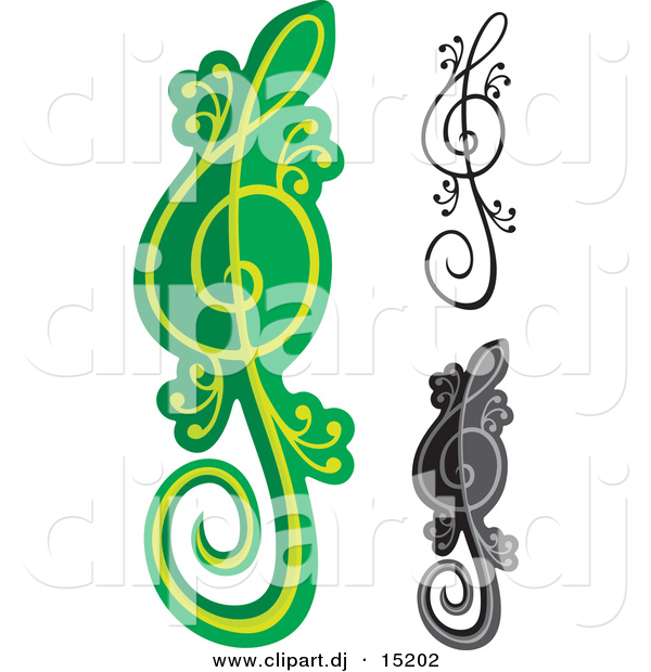 Vector Clipart of a Lizard Treble Clef Notes - Digital Collage Featuring 3 Versions