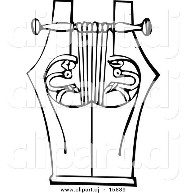 Vector Clipart of a Lyre Instrument - Black and White Vintage Design #6