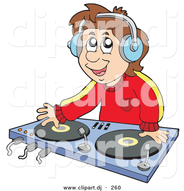 Vector Clipart of a Male Cartoon Dj Wearing Headphones and Mixing Records