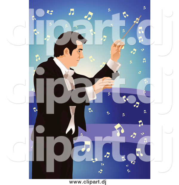 Vector Clipart of a Male Music Conductor over Blue with Notes