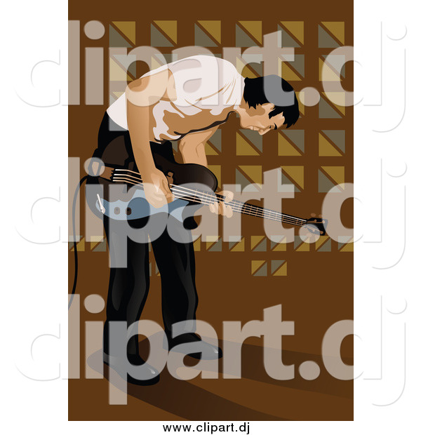 Vector Clipart of a Male Musician Bending over and Playing a Guitar