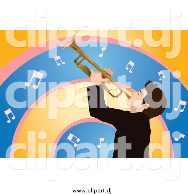 Vector Clipart of a Man Playing a Trumpet Against Orange, Pink and Blue Music Note Arches