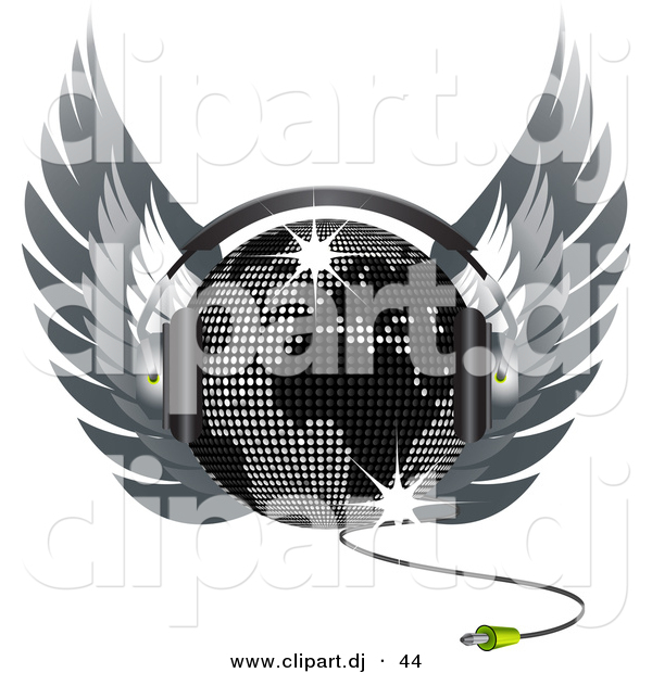 Vector Clipart of a Map Disco Ball Wearing Headphones and Wings