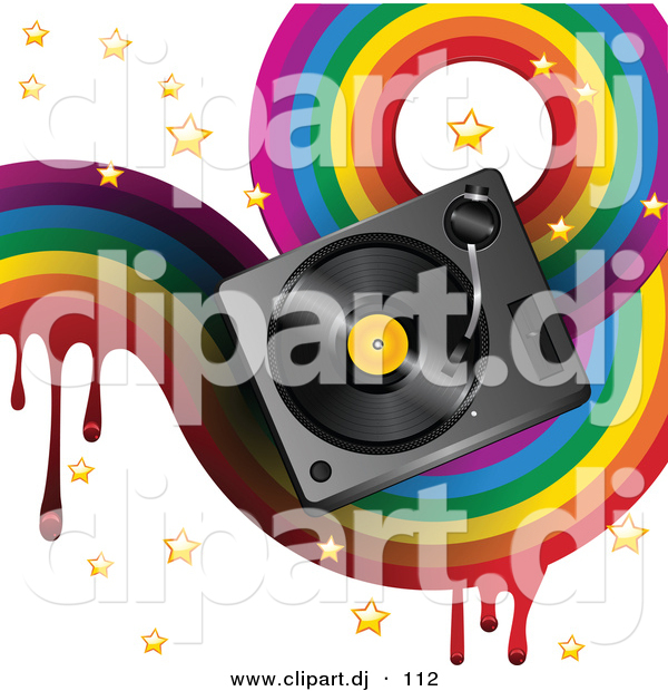 Vector Clipart of a Music Background with Dripping Rainbow, Stars and a Turntable