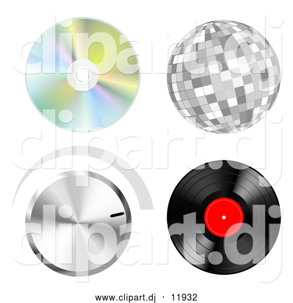 Vector Clipart of a Music Cd, Disco Ball, Volume Dial, Vinyl Record