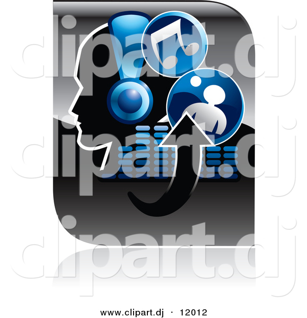 Vector Clipart of a Music Icon of a Person Wearing Headphones, Arrows, Equalizer, and Music Notes - Blue and Black Version