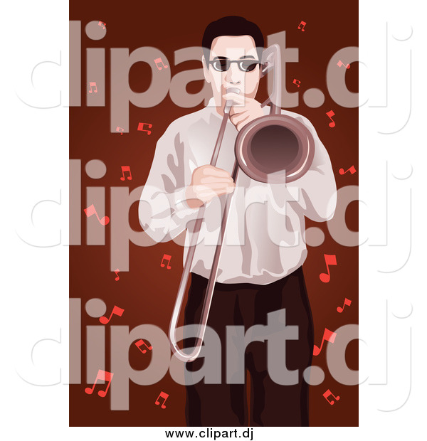 Vector Clipart of a Musician Playing a Trombone, over Red with Music Notes