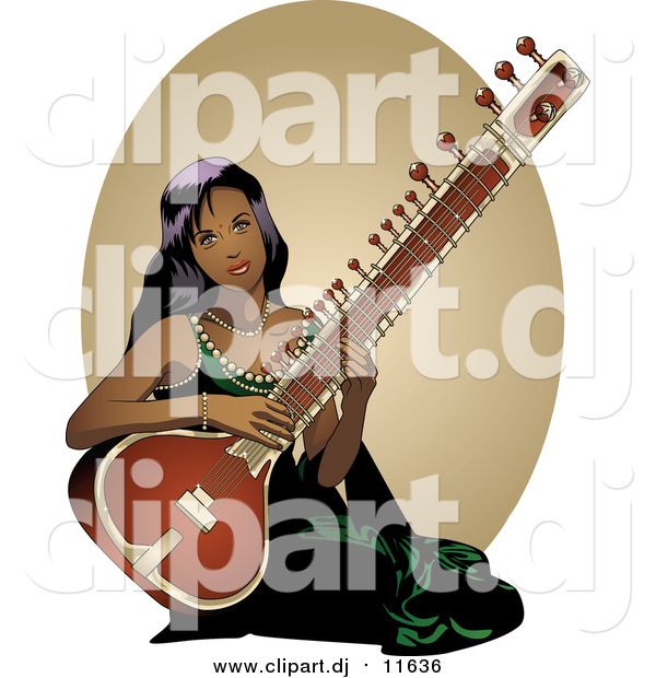 Vector Clipart of a Pretty Indian Lady Playing a Sitar Instrument