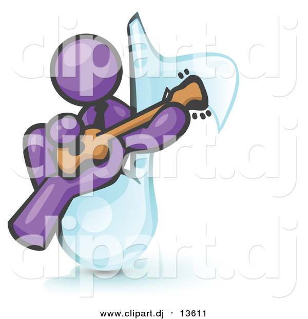 Vector Clipart of a Purple Man Sitting on a Music Note and Playing a Guitar