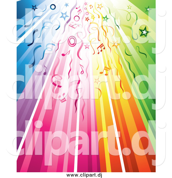 Vector Clipart of a Rainbow Background with Streamers, Circles, Stars and Music Notes