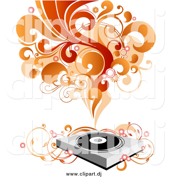 Vector Clipart of a Record Album Player with Vines, Red and Orange Waves of Sound and Circles