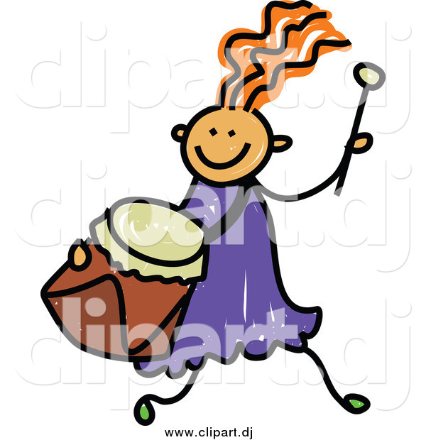 Vector Clipart of a Red Haired White Girl Running with a Drum