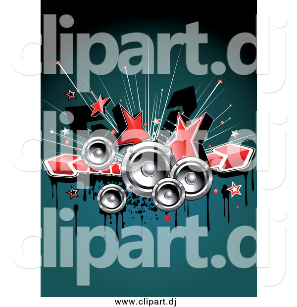 Vector Clipart of a Red Stars, Music Speakers, Arrows and Grunge over Teal