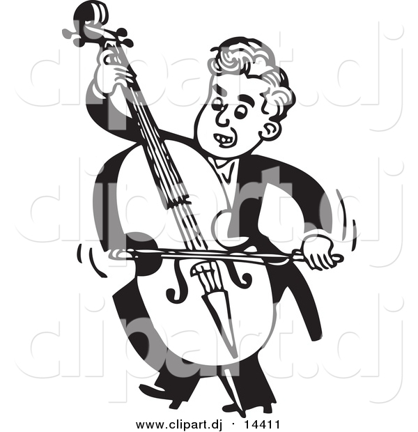 Vector Clipart of a Retro Black and White Male Musician Facing Left and Playing a Bass