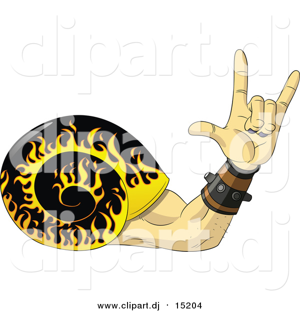 Vector Clipart of a Rock and Roll Hand Snail with a Flaming Shell