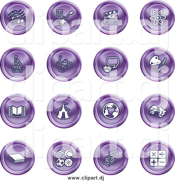 Vector Clipart of a Round Purple Icons of Music Notes, Guitar, Clapperboard, Atom, Microscope, Atoms, Messenger, Painting, Book, Circus Tent, Globe, Masks, Sports Balls, and Math