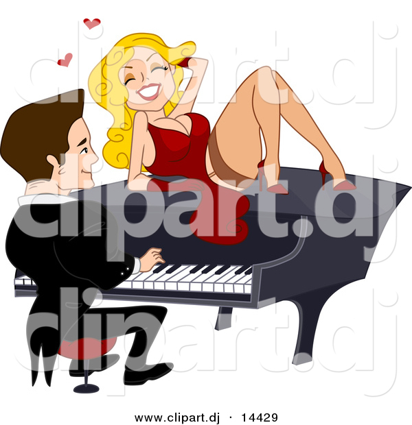 Vector Clipart of a Sexy Cartoon Girl Flirting with Guy Playing Piano