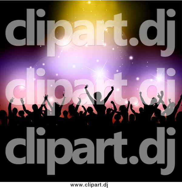 Vector Clipart of a Silhouetted Crowd Holding Their Arms up Under Sparkly Lights with Black Copyspace