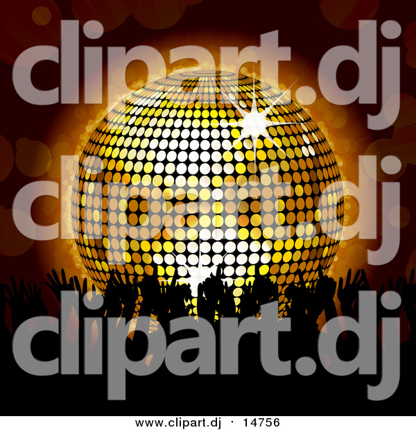 Vector Clipart of a Silhouetted Crowd of Dancers and a 3d Disco Ball