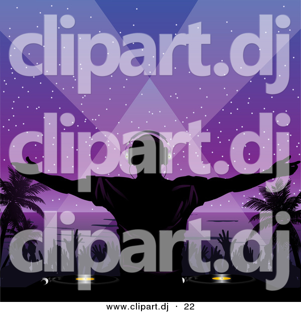 Vector Clipart of a Silhouetted Dj and a Dance Party on a Beach at Night