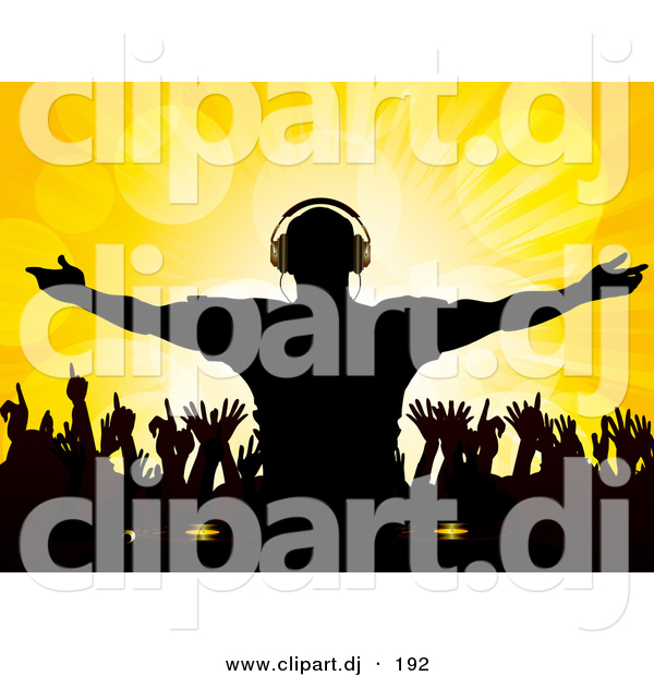 Vector Clipart of a Silhouetted Male Dj at Party with Dancing People over Yellow Background