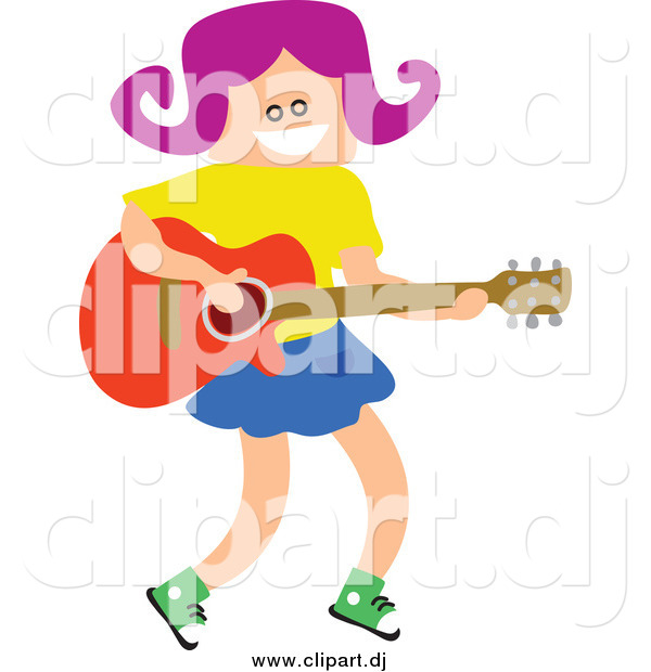 Vector Clipart of a Square Headed Girl Playing a Guitar