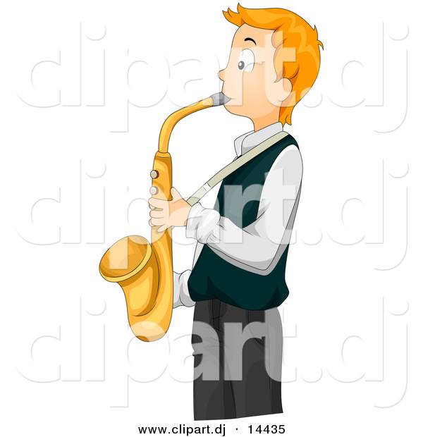 Vector Clipart of a Teen Cartoon Boy Playing Gold Saxophone