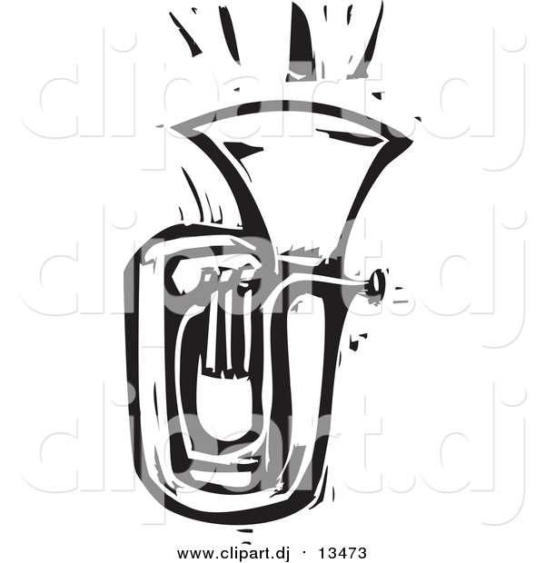 Vector Clipart of a Tuba - White and Black Woodcut Version