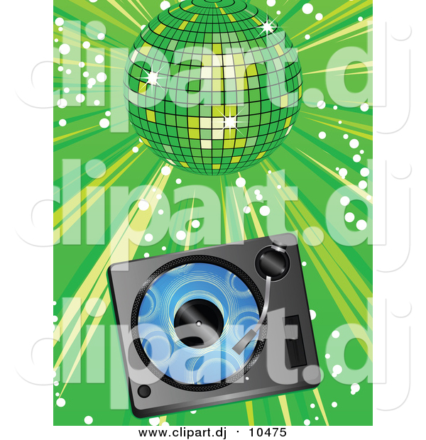 Vector Clipart of a Vinyl Record Playing in a Record Player over a Green Background Under a Shiny Disco Ball at a Party