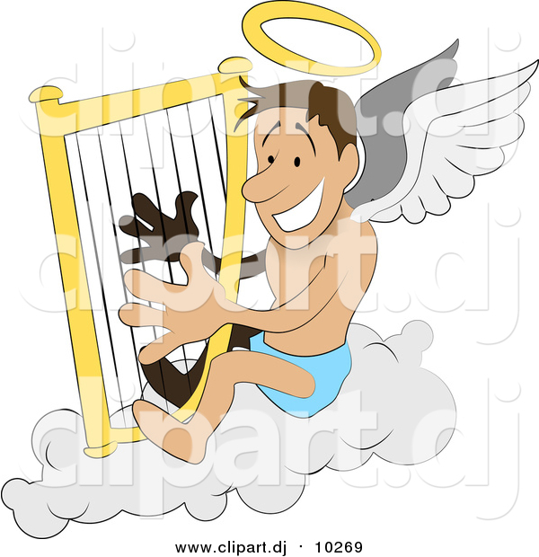 Vector Clipart of a White Male Angel with a Halo and Wings, Sitting on a Cloud and Playing a Harp