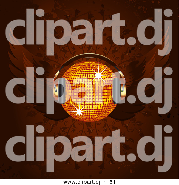 Vector Clipart of a Winged Orange Disco Ball Wearing Headphones