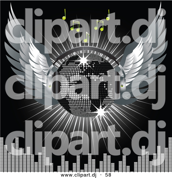 Vector Clipart of a Winged Silver Map Disco Ball with Headphones