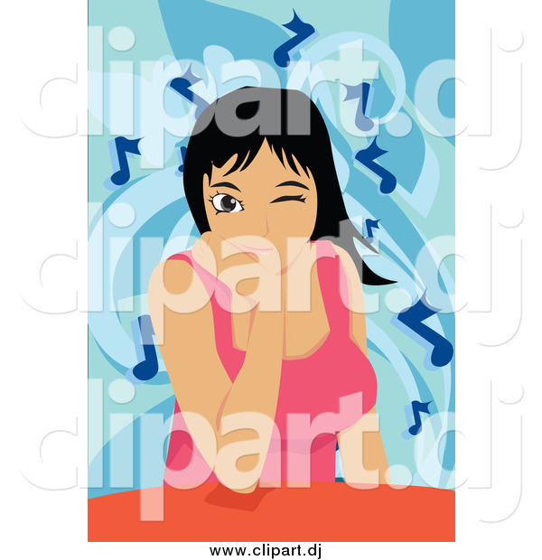 Vector Clipart of a Winking Woman Listening to Music