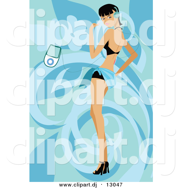 Vector Clipart of a Woman in a Bikini, Listening to Music over Blue