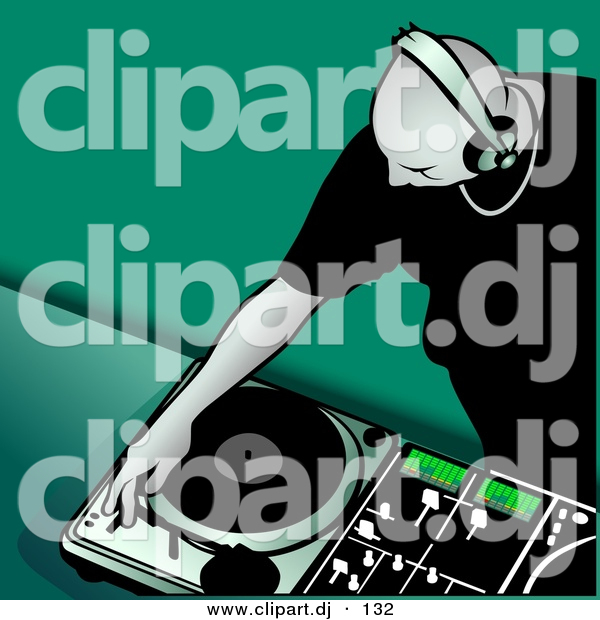 Vector Clipart of a Young Bald Male DJ Putting Record on Turntable - Green Background