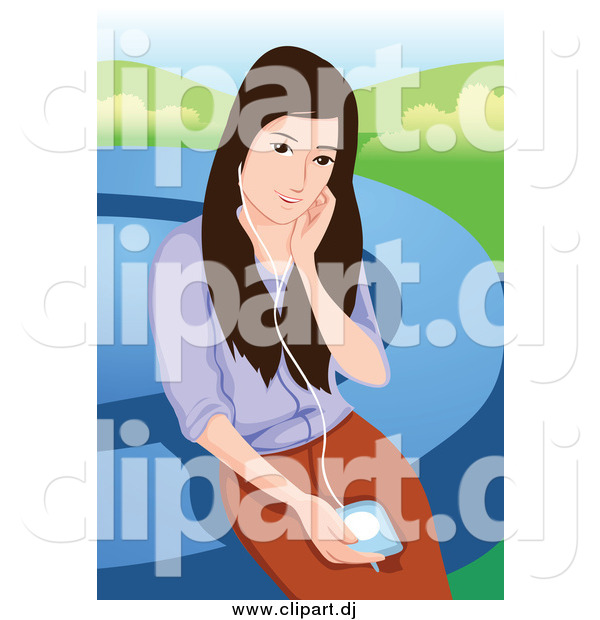 Vector Clipart of a Young Brunette Woman Listening to Music