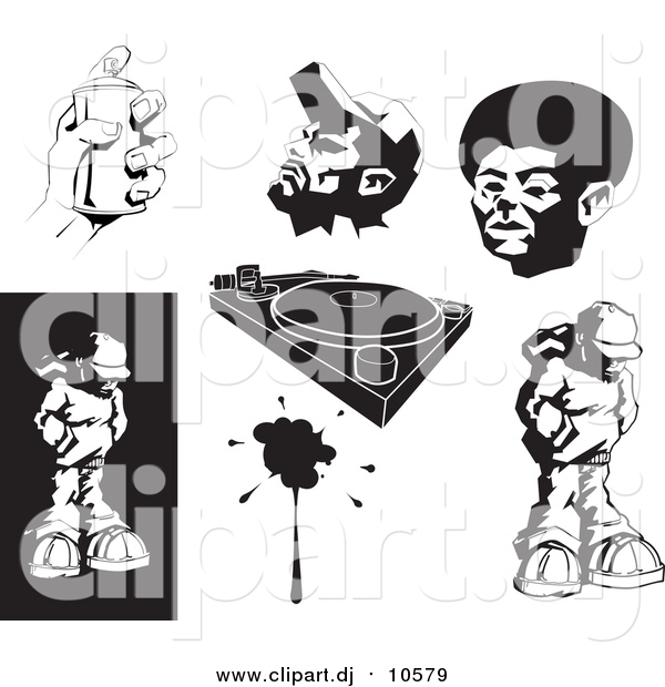 Vector Clipart of African American Men, Spray Paint, Record Player, and Hip Hop Design Elements