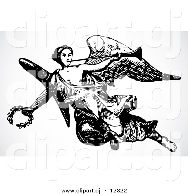 Vector Clipart of an Angel Flying with Trumpet and Laurel - Black and White Retro Design