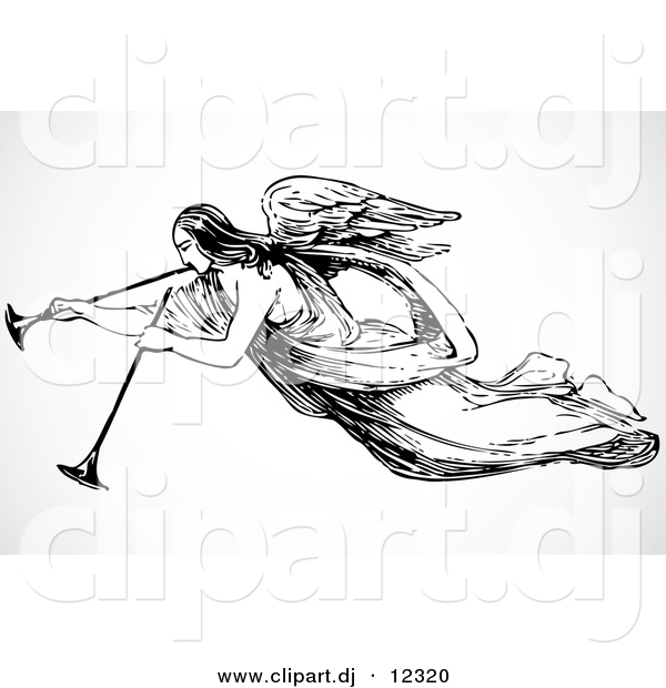 Vector Clipart of an Angel Playing 2 Trumpets - Black and White Vintage Art