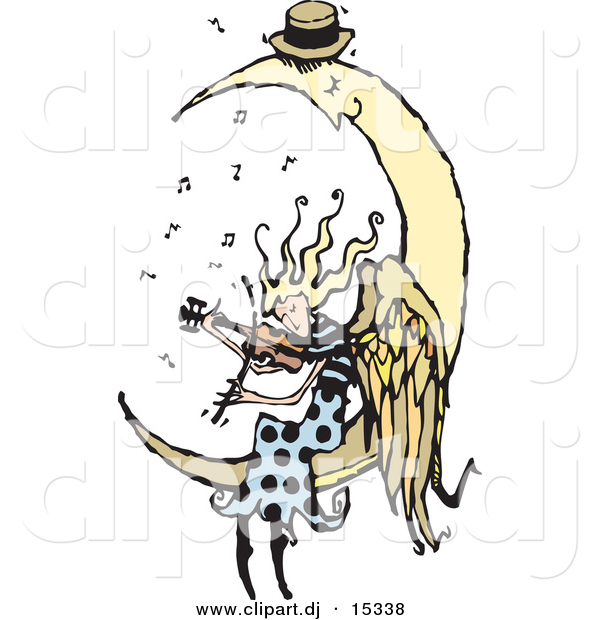 Vector Clipart of an Angel Playing a Violin While Sitting on a Sleeping Moon