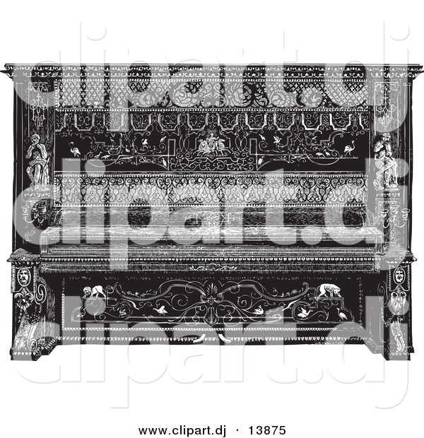 Vector Clipart of an Upright Piano Sketch - Vintage Black and White Sketched Version