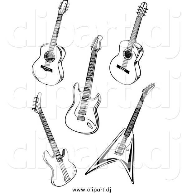 Vector Clipart of Black and White Acoustic and Electric Guitars
